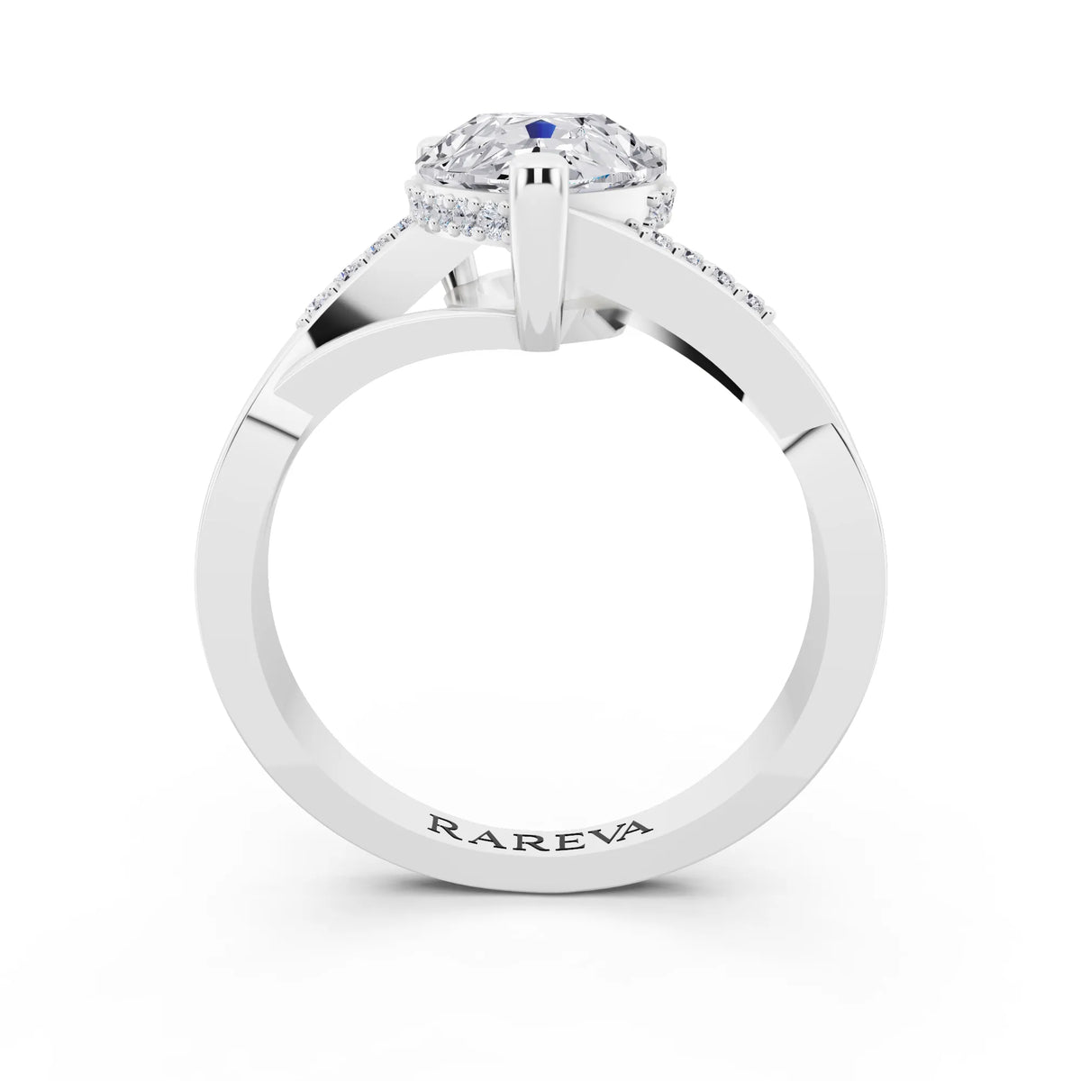 14 KT White Gold Pear Cut Diamond Split Shank Engagement Ring with Hidden Halo - through finger