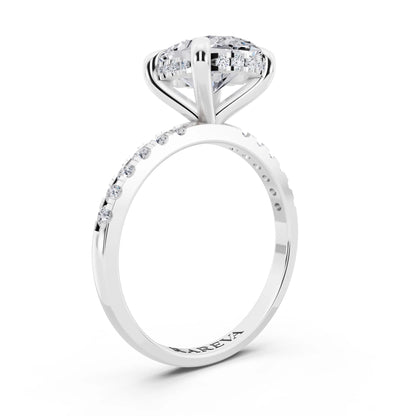18 KT White Gold Oval Cut Diamond Solitaire Ring with Round Pavé Band and Prong Setting - top view