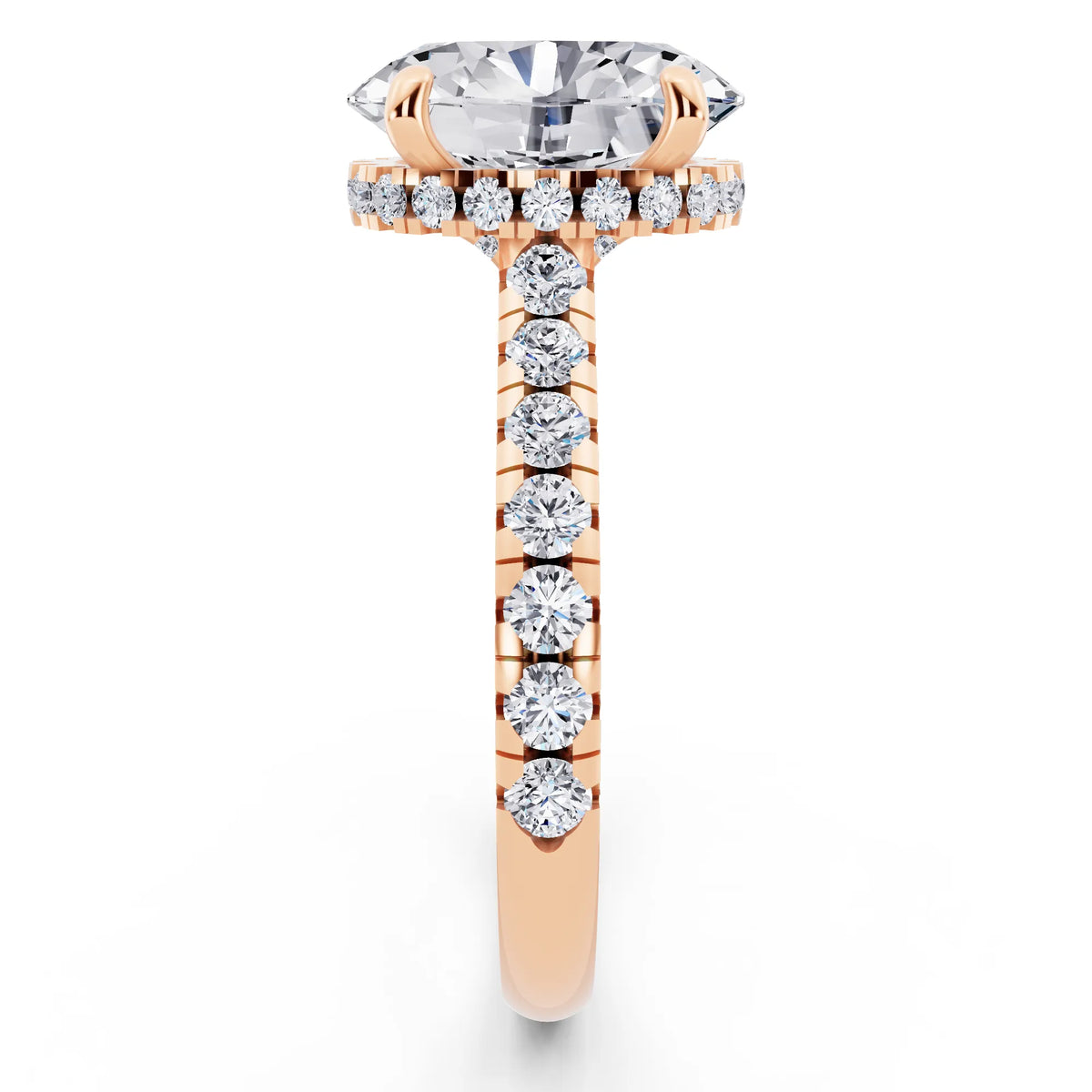 18 KT Rose Gold Oval Cut Diamond Ring with Hidden Halo - side view