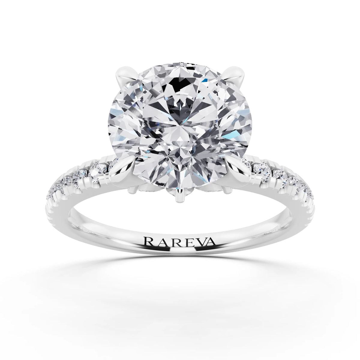 18 KT White Gold Round Cut Diamond Solitaire Ring with Marquise Collar - front view