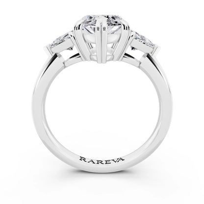Platinum Marquise Cut Diamond Three Stone Ring with Trillion Accents - through finger