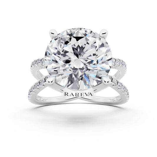 14 KT White Gold Round Cut Diamond Ring with Twisted Split Shank - front view