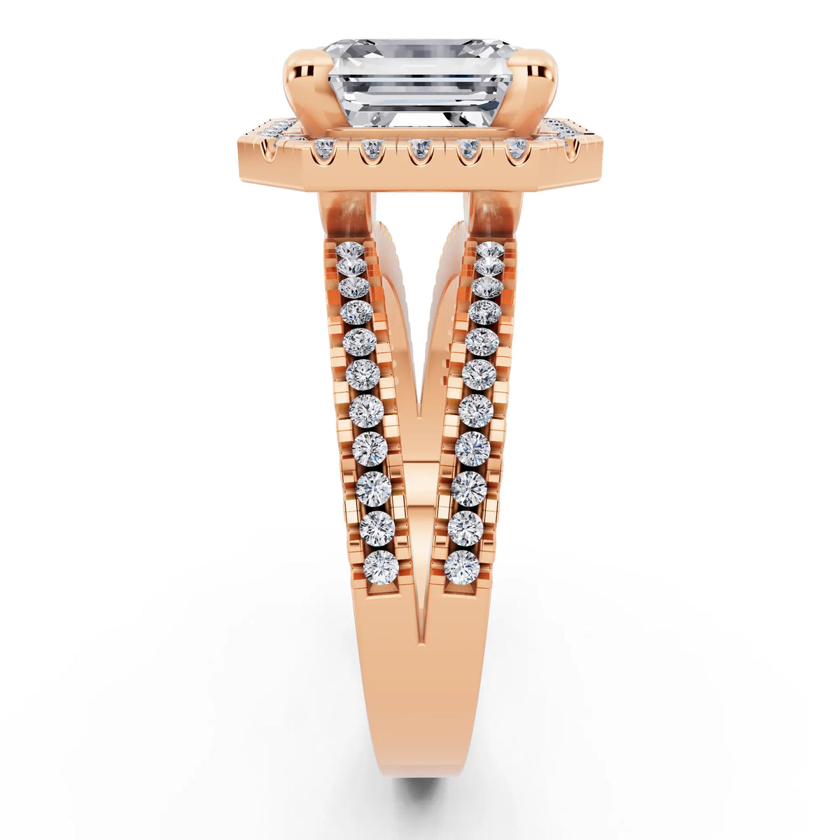 14 KT Rose Gold Asscher Cut Diamond Halo Ring with Pave Split Shank - side view