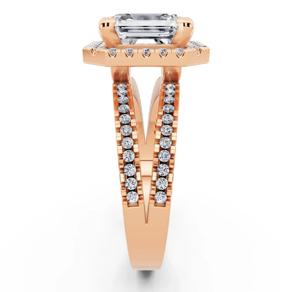 14 KT Rose Gold Asscher Cut Diamond Halo Ring with Pave Split Shank - side view