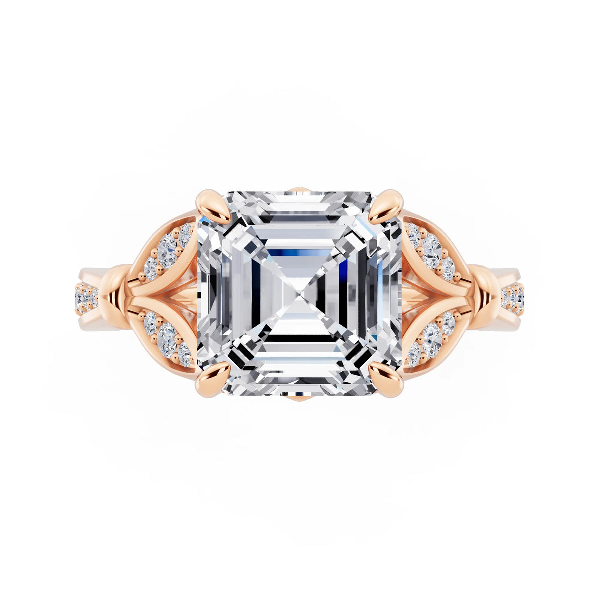 14 KT Rose Gold Asscher Cut Diamond Ring with Lotus Collar - top angle