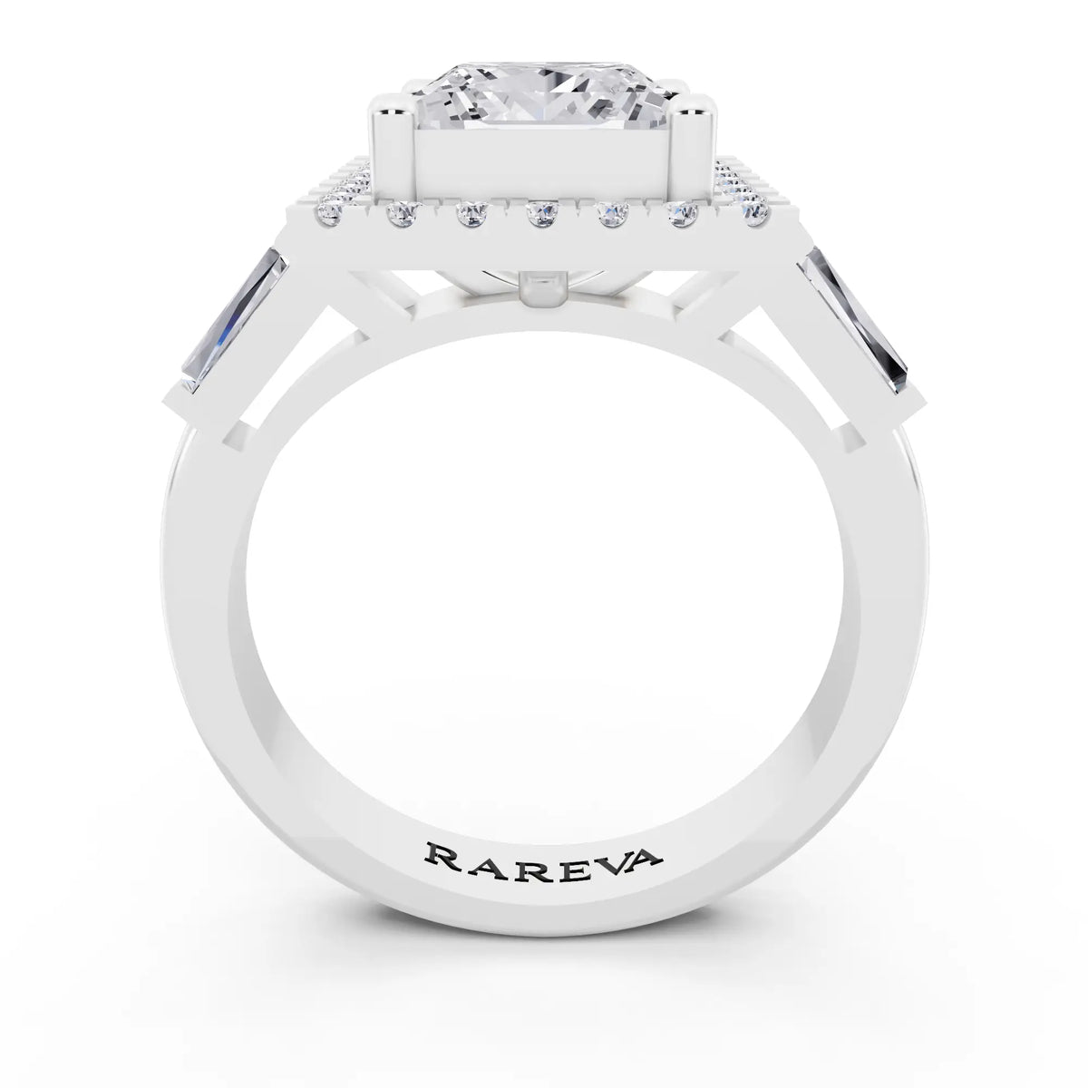 Platinum Princess Cut Diamond Halo Ring with Baguette Accents - through finger