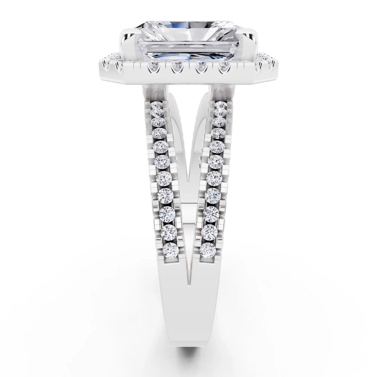 18 KT White Gold Radiant Cut Diamond Halo Ring with Pave Split Shank - side view