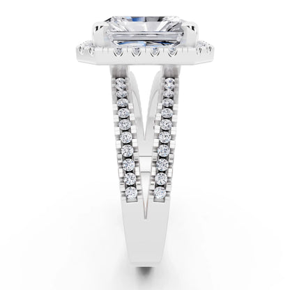 18 KT White Gold Radiant Cut Diamond Halo Ring with Pave Split Shank - side view