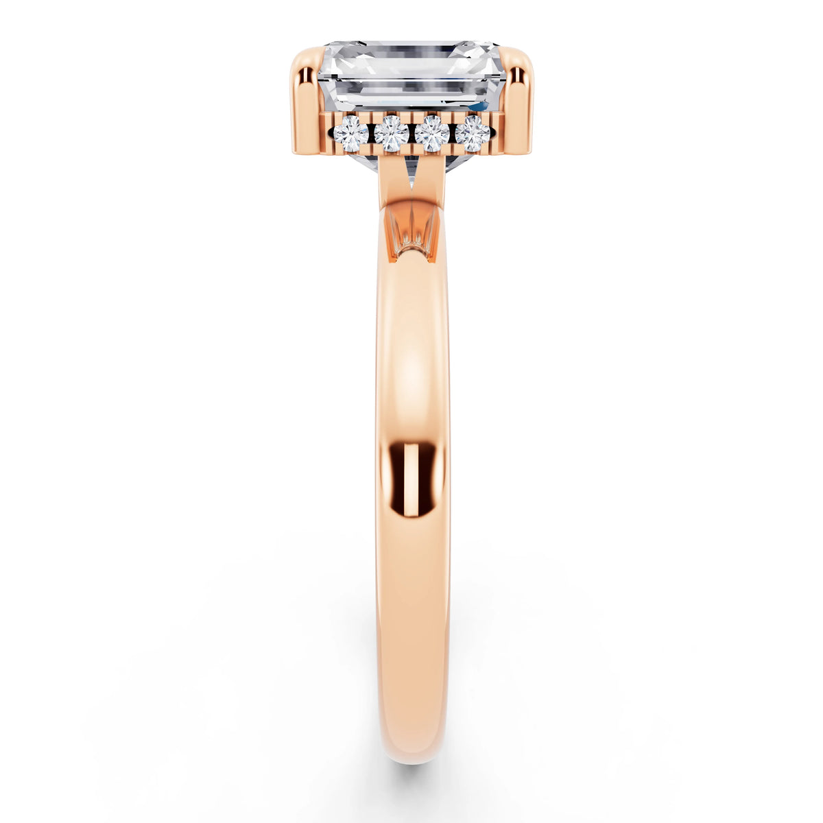 18 KT Rose Gold Asscher Cut Diamond Solitaire Ring with Hidden Halo - side view