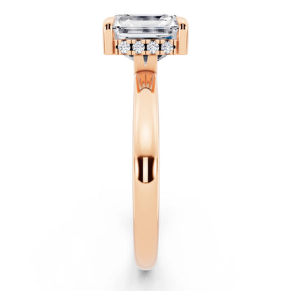 18 KT Rose Gold Asscher Cut Diamond Solitaire Ring with Hidden Halo - side view