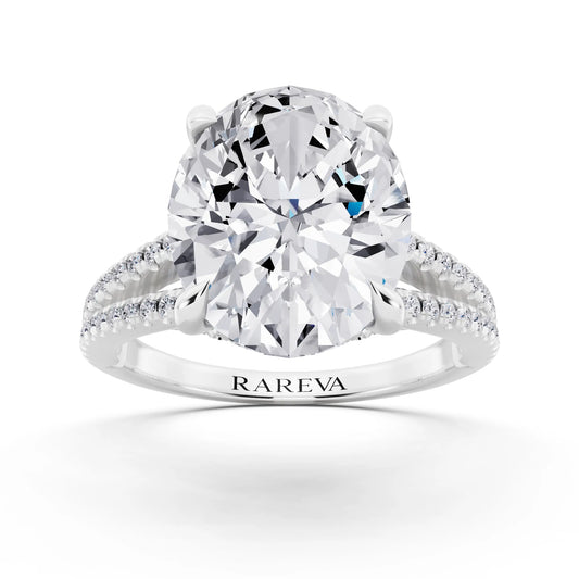 14 KT White Gold Oval Cut Diamond Ring with Pavé Split Shank - front view