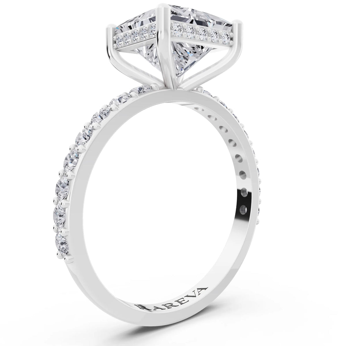 14 KT White Gold Princess Cut Diamond Solitaire Ring with Hidden Halo and Pave Band - top view