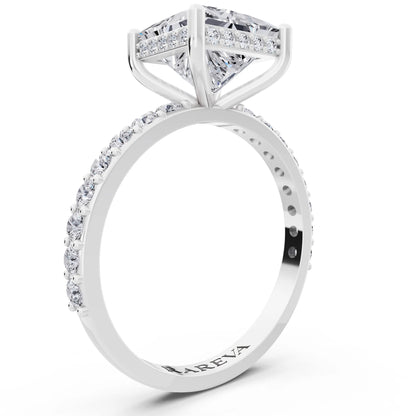 14 KT White Gold Princess Cut Diamond Solitaire Ring with Hidden Halo and Pave Band - top view