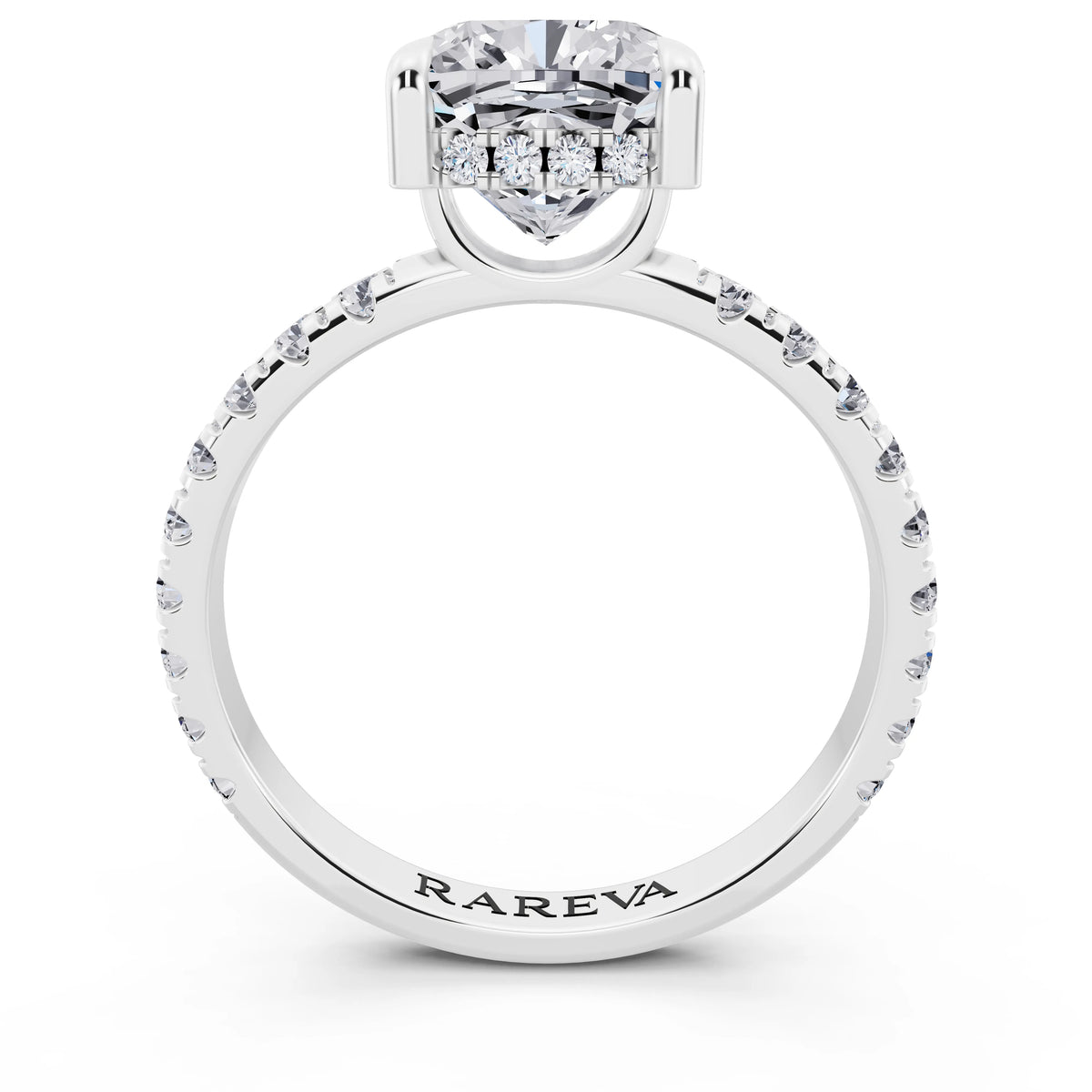Platinum Cushion Cut Diamond Solitaire Ring with Hidden Halo and French Pave Band - through finger
