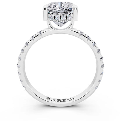 Platinum Cushion Cut Diamond Solitaire Ring with Hidden Halo and French Pave Band - through finger