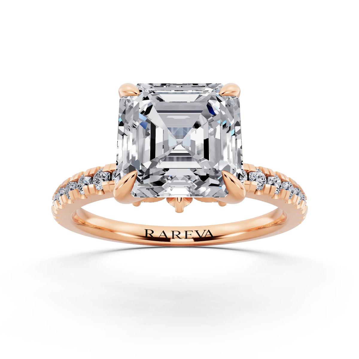 14 KT Rose Gold Asscher Cut Diamond Solitaire Ring with Marquise Collar - front view