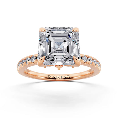 14 KT Rose Gold Asscher Cut Diamond Solitaire Ring with Marquise Collar - front view