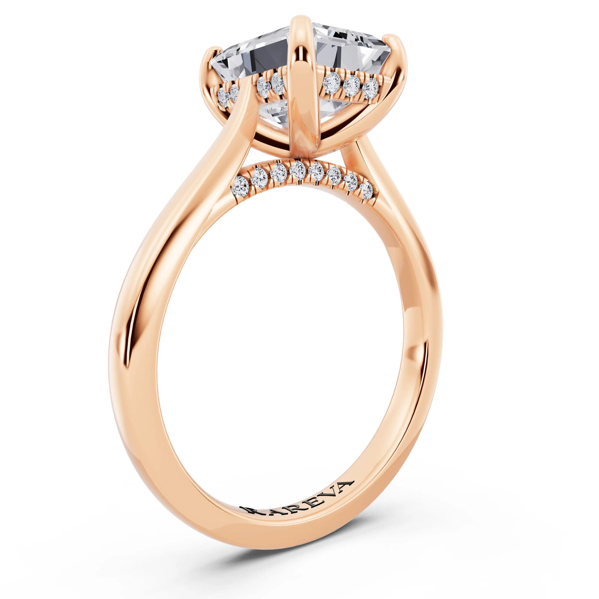 14 KT Rose Gold Emerald Cut Diamond Solitaire Ring with Cathedral Band - top view