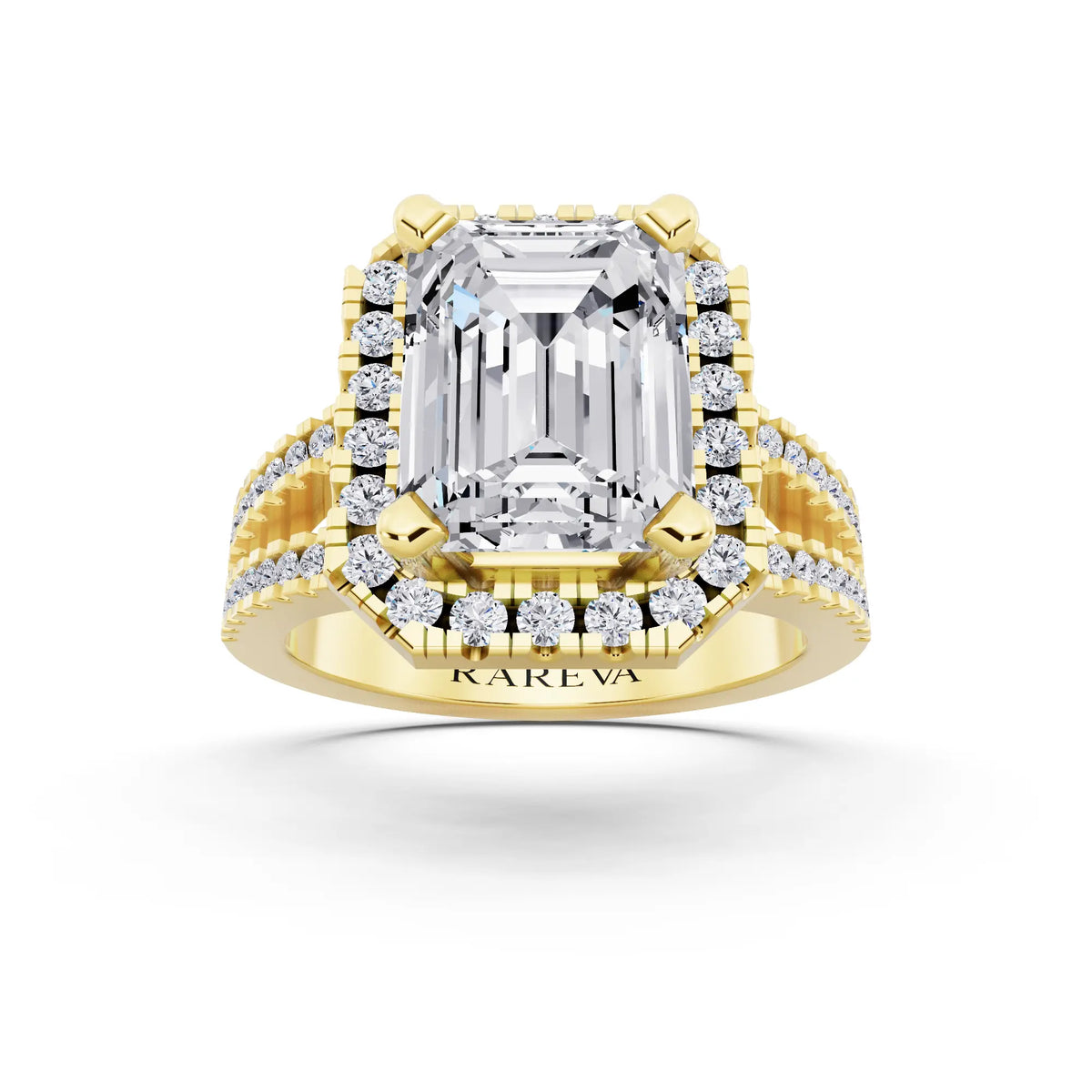 14 KT Yellow Gold Emerald Cut Diamond Halo Ring with Pave Split Shank - front view