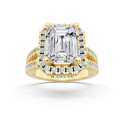 14 KT Yellow Gold Emerald Cut Diamond Halo Ring with Pave Split Shank - front view