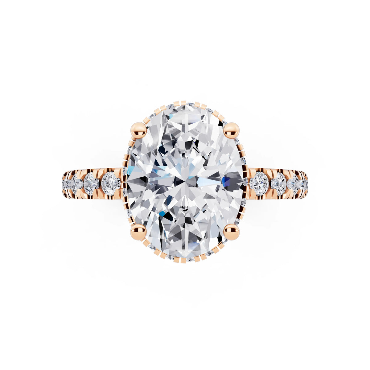 18 KT Rose Gold Oval Cut Diamond Hidden Halo Ring with Pave Band - top angle
