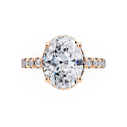 18 KT Rose Gold Oval Cut Diamond Hidden Halo Ring with Pave Band - top angle
