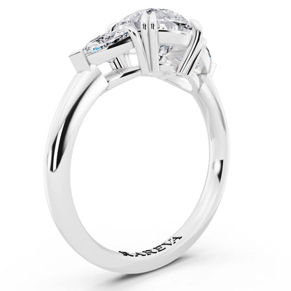 18 KT White Gold Pear Cut Diamond Three Stone Ring with Trillion Accents - top view