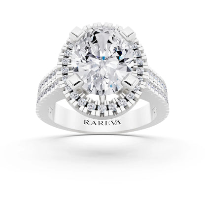 14 KT White Gold Oval Cut Diamond Halo Ring with Twin Pave Band - front view
