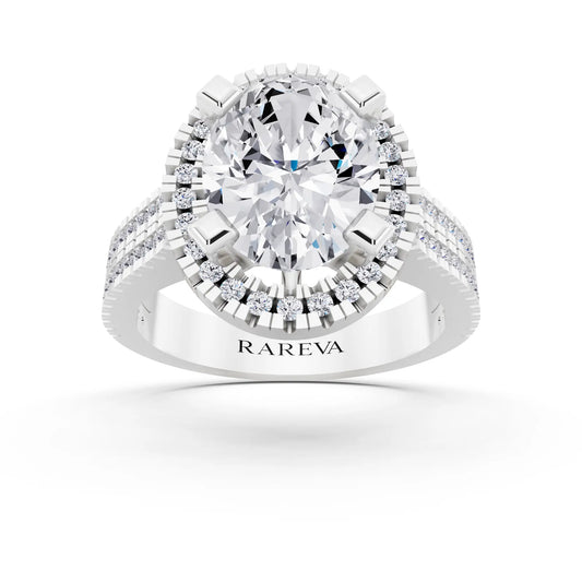 14 KT White Gold Oval Cut Diamond Halo Ring with Twin Pave Band - front view