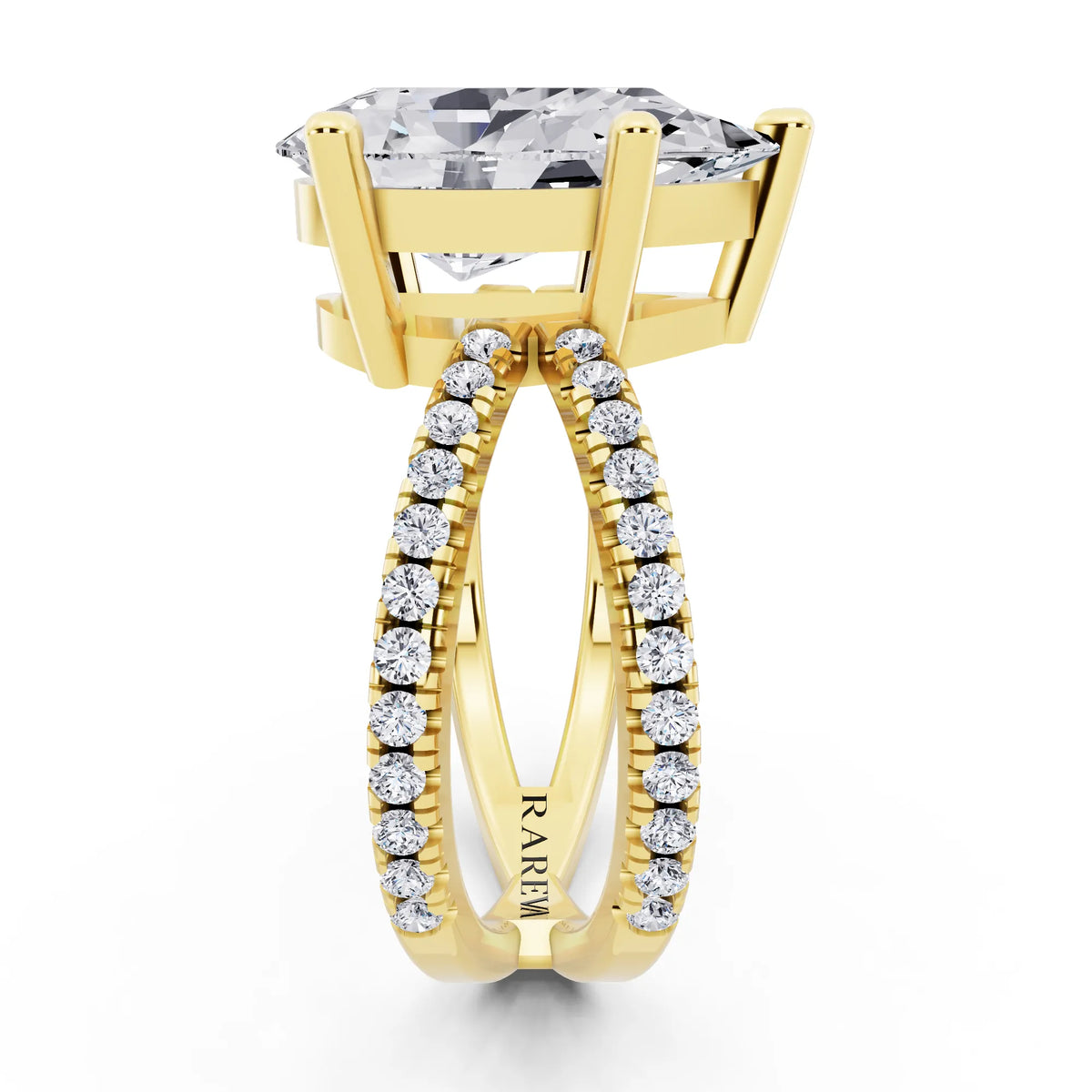 18 KT Yellow Gold Pear Cut Diamond Ring with Twisted Split Shank - side view