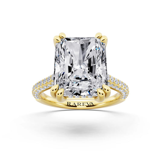 14 KT Yellow Gold Radiant Cut Diamond Hidden Halo Double Claw Pave Band Ring - front view