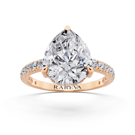 18 KT Rose Gold Pear Cut Diamond Solitaire Ring with Hidden Halo and French Pave Band - front view