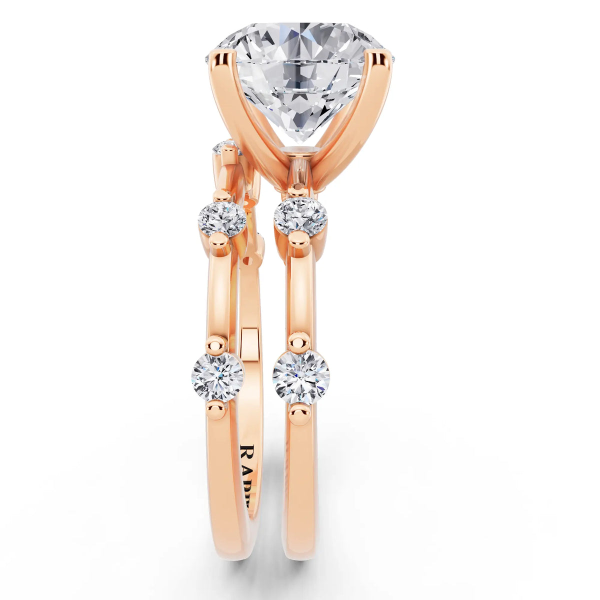 18 KT Rose Gold Round Cut Diamond Ring with Floating Accent Band - side view