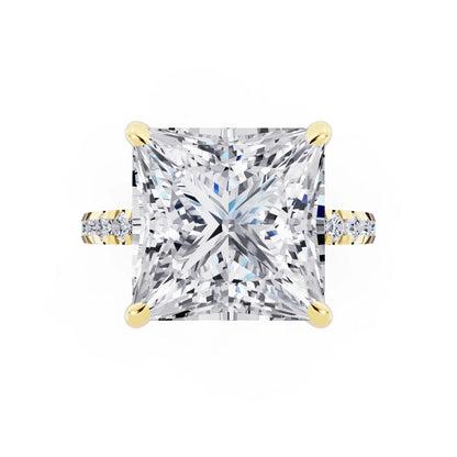 14 KT Yellow Gold Princess Cut Diamond Hidden Halo Tiger Prong Pave Band Ring - top angle