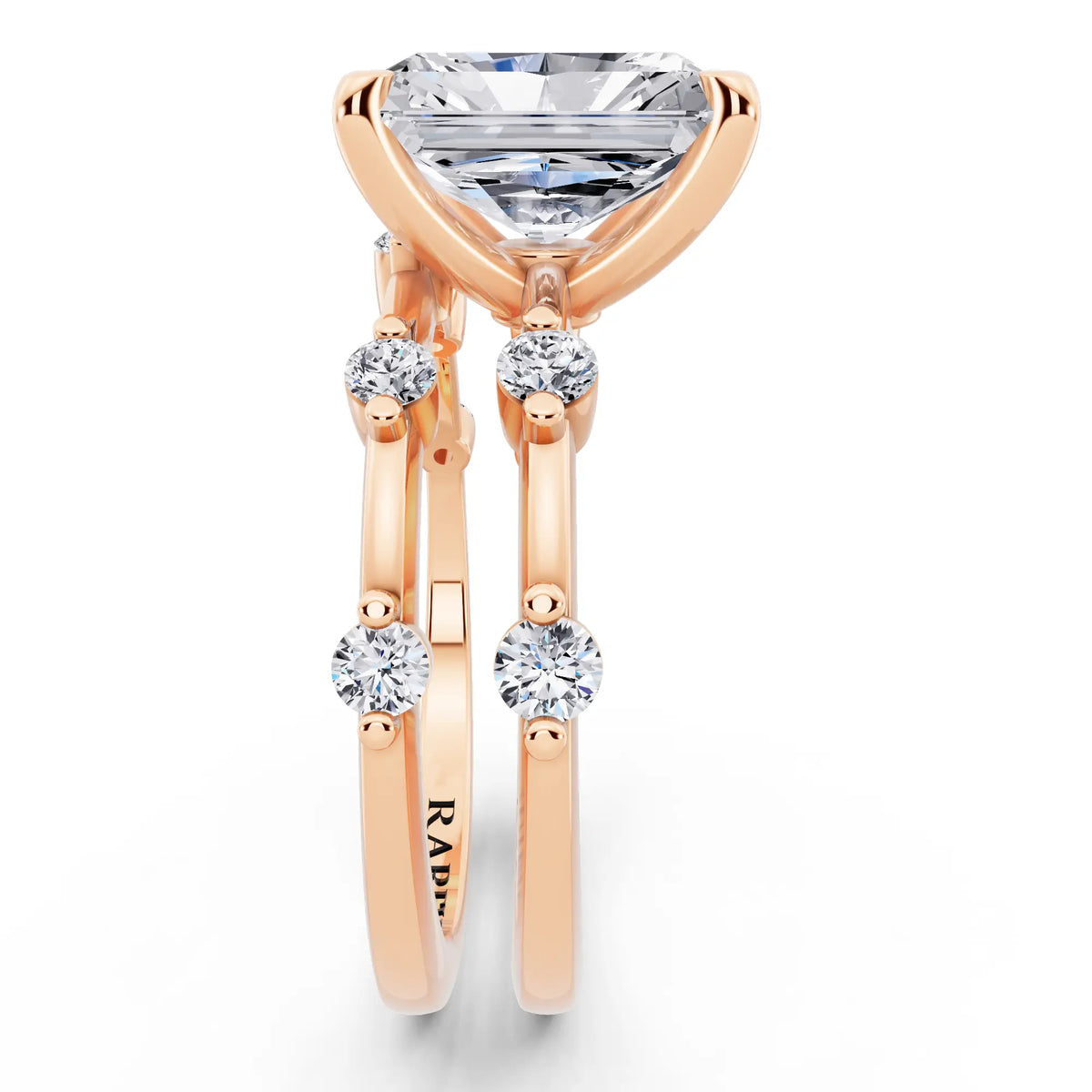 18 KT Rose Gold Radiant Cut Diamond Ring with Floating Accent Band - side view