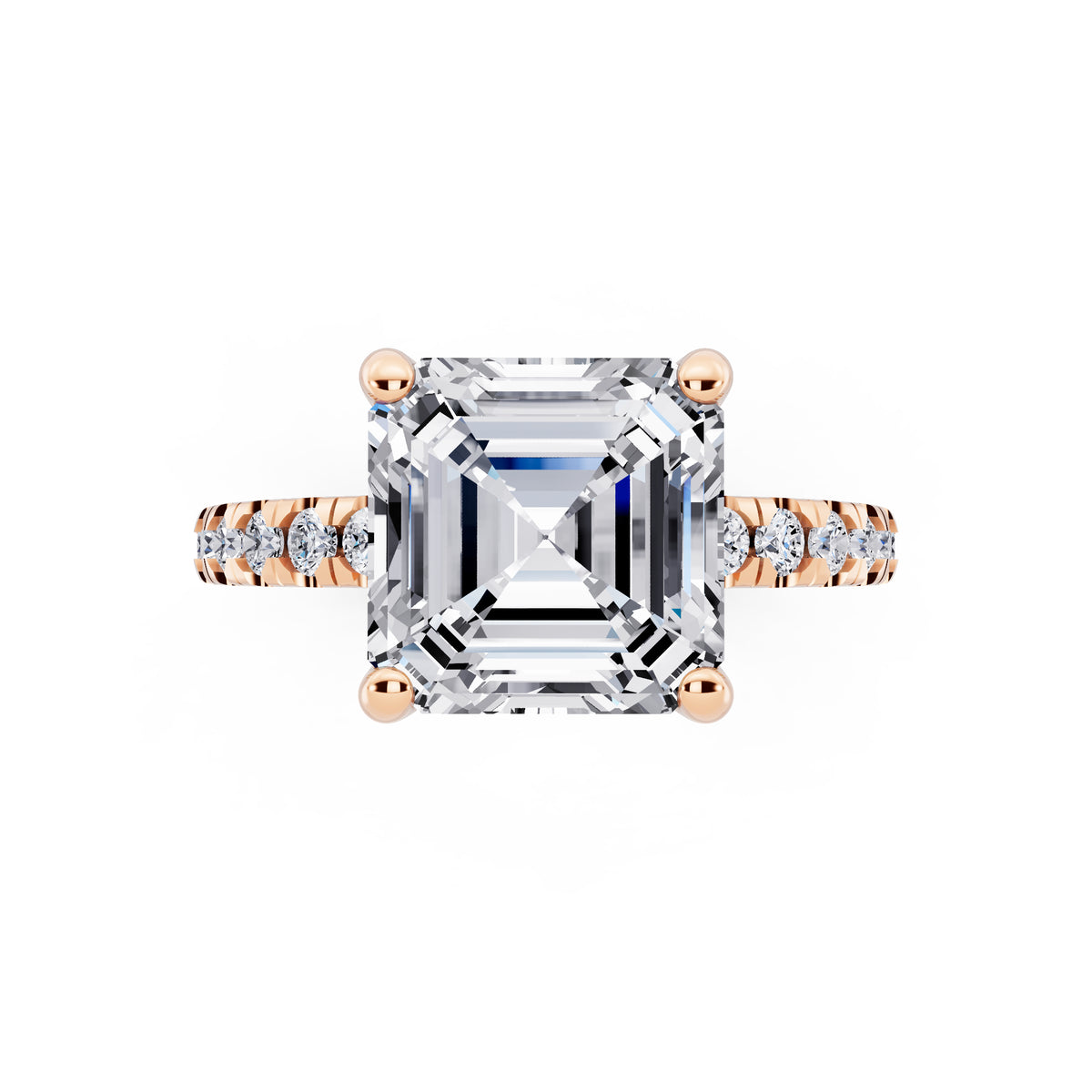 14 KT Rose Gold Asscher Cut Diamond Hidden Halo Ring with Pave Shank - top angle