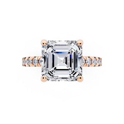 14 KT Rose Gold Asscher Cut Diamond Hidden Halo Ring with Pave Shank - top angle