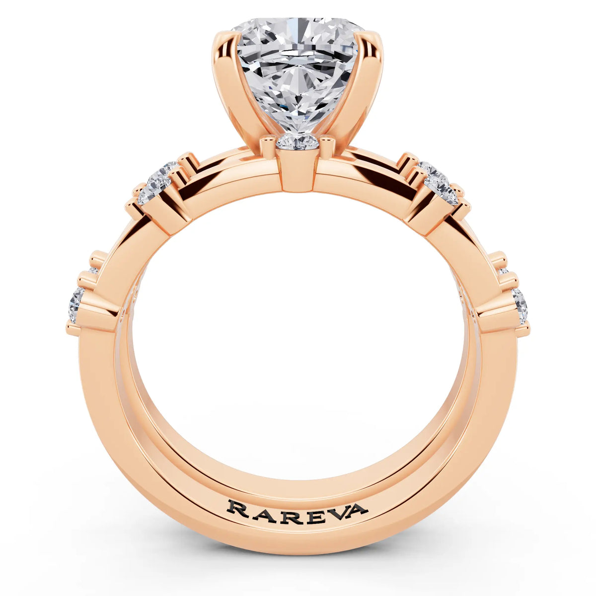 14 KT Rose Gold Cushion Cut Diamond Ring with Floating Accent Band - through finger