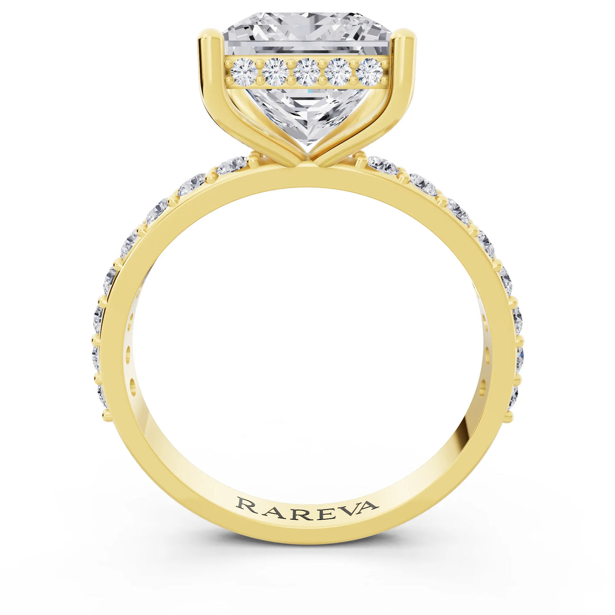 18 KT Yellow Gold Princess Cut Diamond Solitaire Ring with Hidden Halo and Pave Band - through finger
