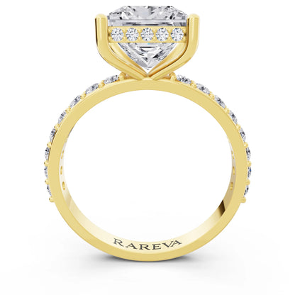 18 KT Yellow Gold Princess Cut Diamond Solitaire Ring with Hidden Halo and Pave Band - through finger