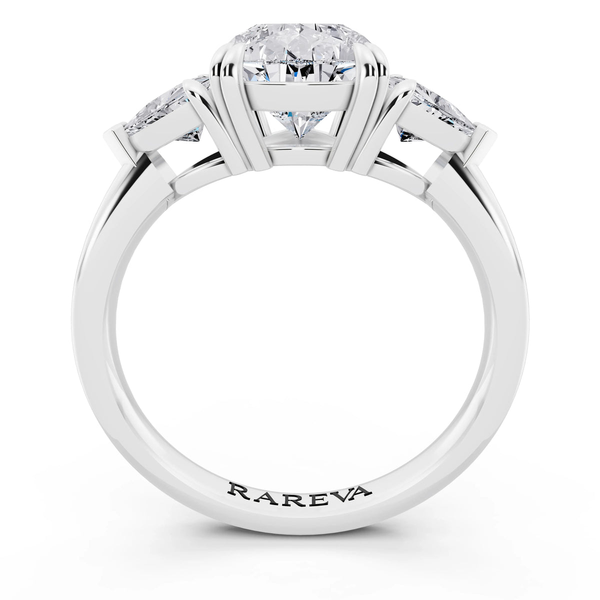14 KT White Gold Pear Cut Diamond Three Stone Ring with Trillion Accents - through finger