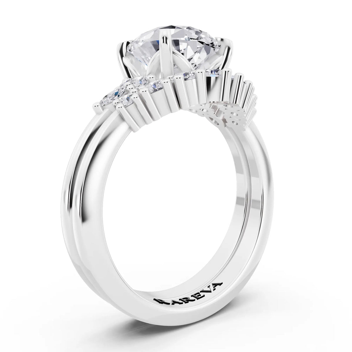 18 KT White Gold Pear Cut Diamond Ring with Curved Cluster Band - top view