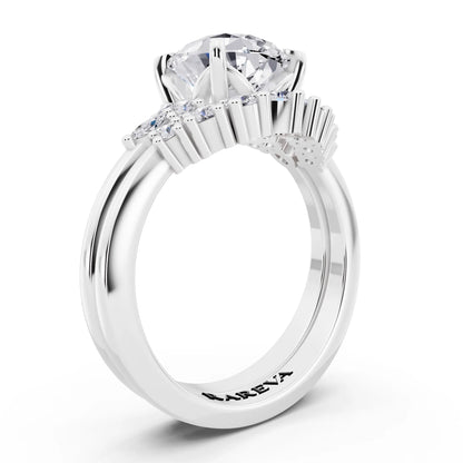 18 KT White Gold Pear Cut Diamond Ring with Curved Cluster Band - top view