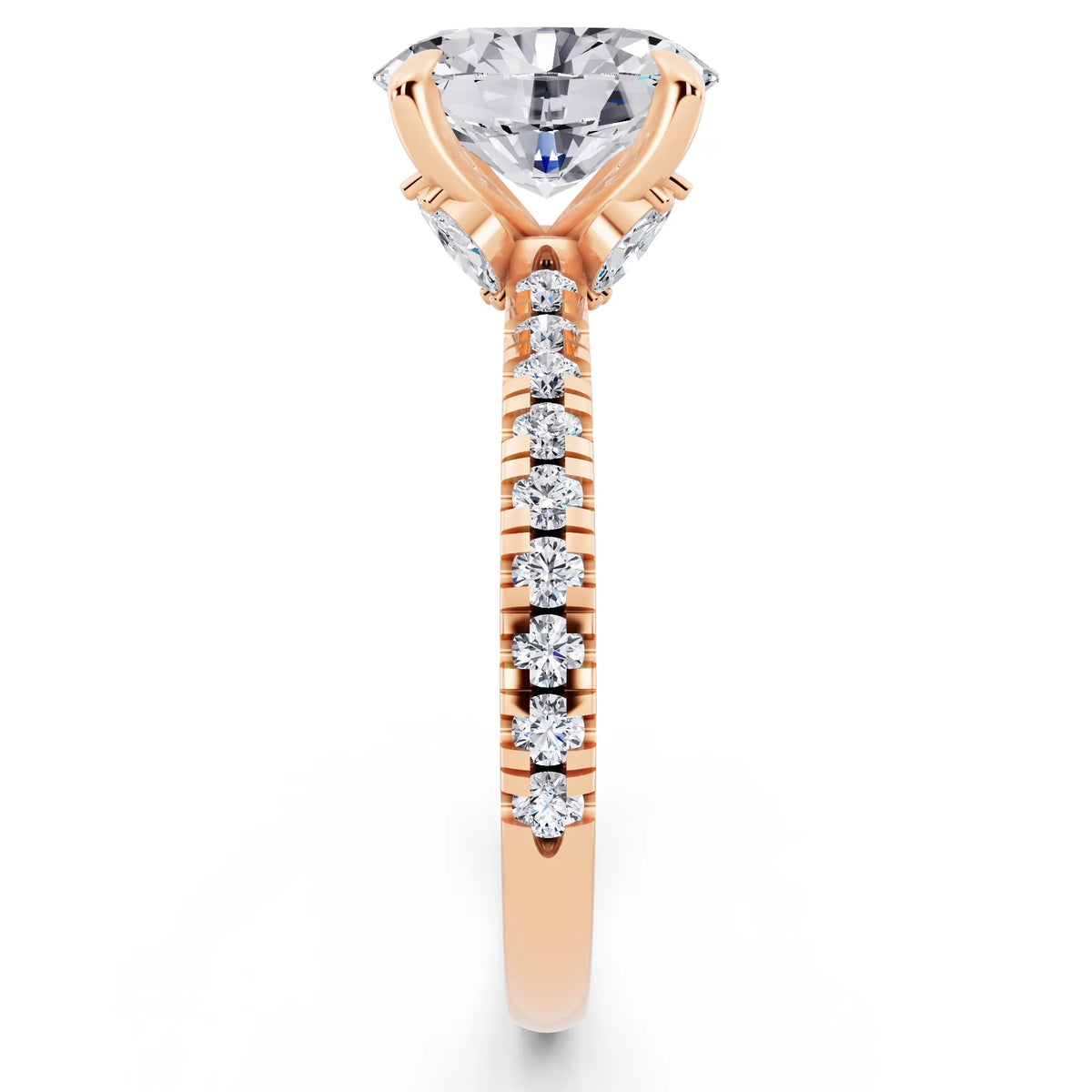 18 KT Rose Gold Oval Cut Diamond Solitaire Ring with Marquise Collar - side view
