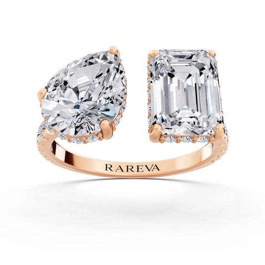 18 KT Rose Gold Emerald Cut Diamond Toi et Moi Ring with Pave Band - Front