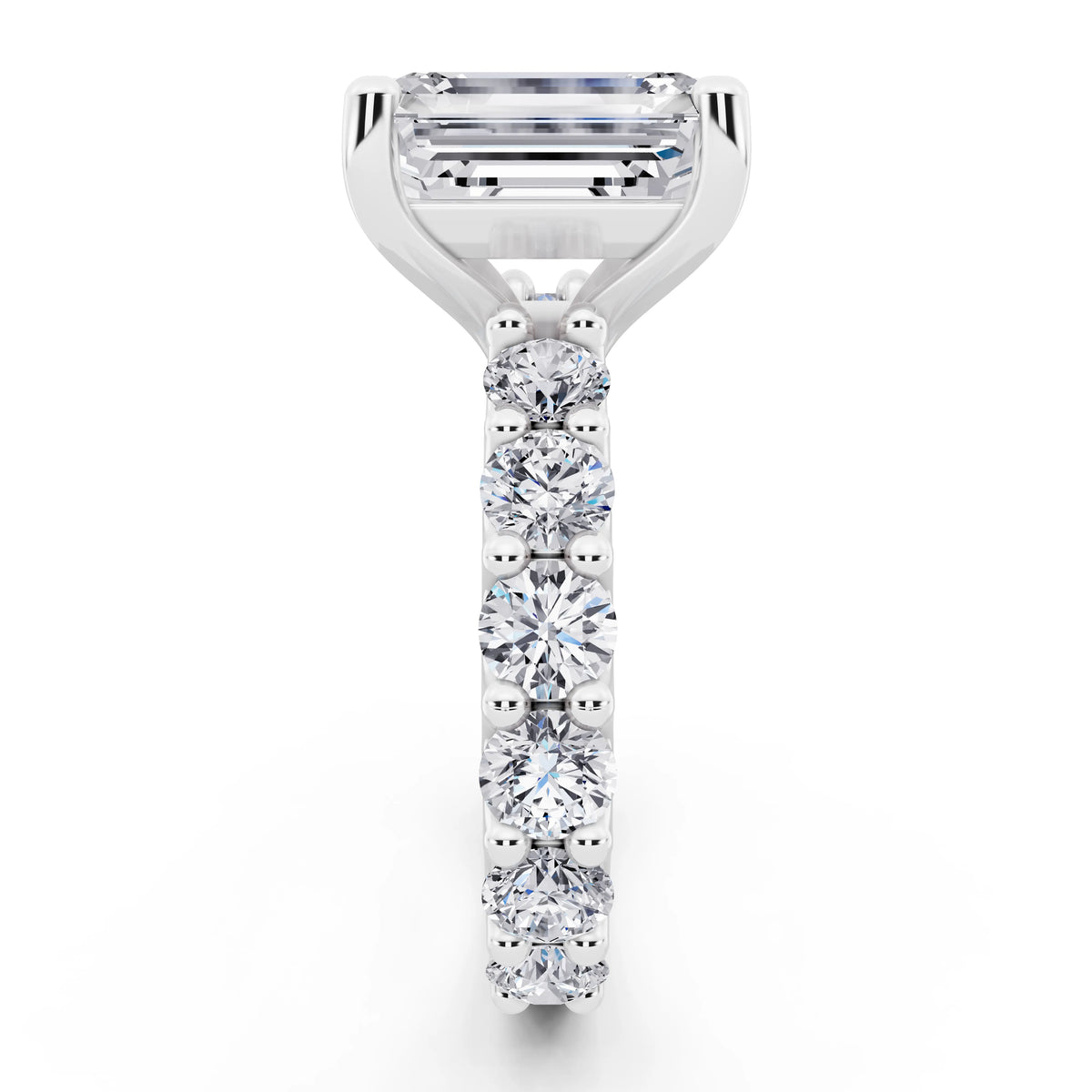 18 KT White Gold Emerald Cut Diamond Ring with Shared Prong Eternity Band - side view