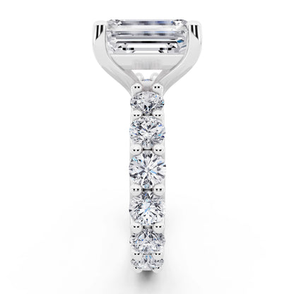 18 KT White Gold Emerald Cut Diamond Ring with Shared Prong Eternity Band - side view