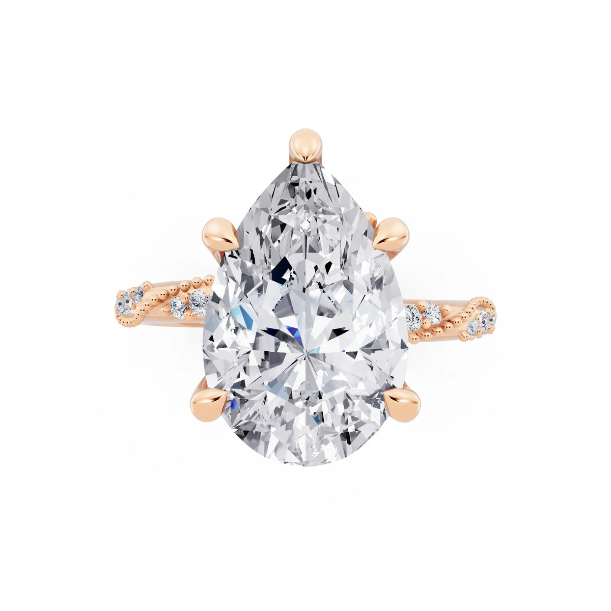 18 KT Rose Gold Pear Cut Diamond Ring with Marquise Accent - top angle