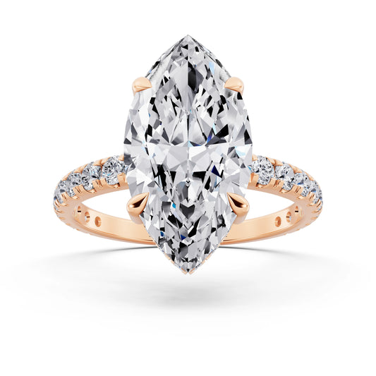 18 KT Rose Gold Marquise Cut Diamond Solitaire Ring with Hidden Halo and French Pave Band - front view