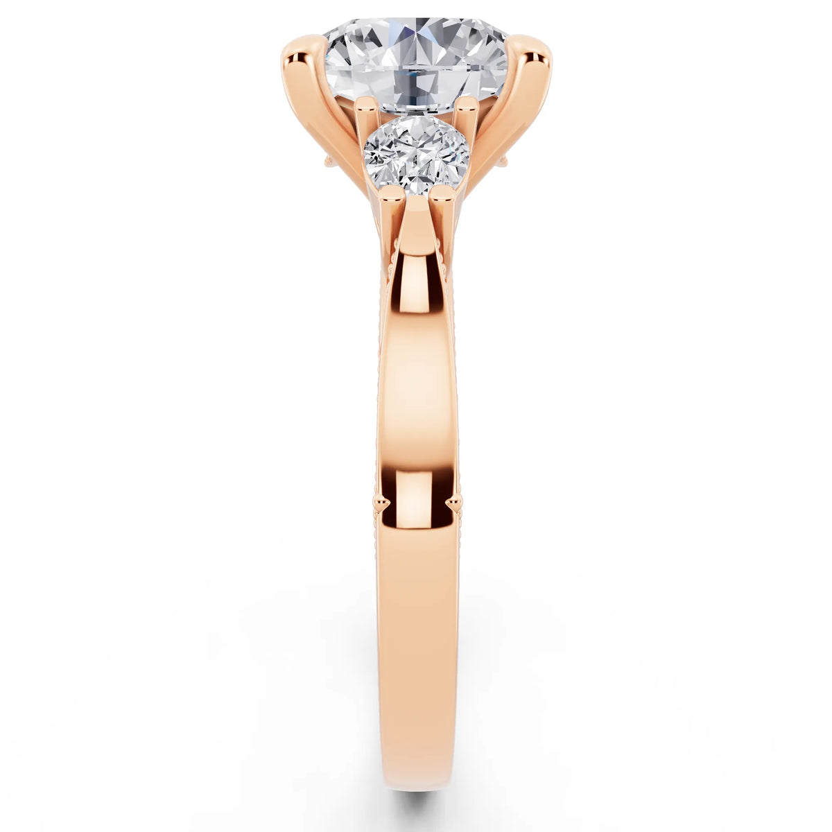 14 KT Rose Gold Round Cut Diamond Three Stone Pear Accent Vintage Pave Ring - side view